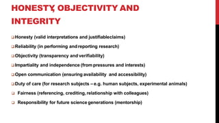 HONESTY
, OBJECTIVITY AND
INTEGRITY
 Honesty (valid interpretations and justifiableclaims)
 Reliability (in performing and reporting research)
 Objectivity (transparency and verifiability)
 Impartiality and independence (from pressures and interests)
 Open communication (ensuring availability and accessibility)
 Duty of care (for research subjects – e.g. human subjects, experimental animals)
 Fairness (referencing, crediting,relationship with colleagues)
 Responsibility for future science generations (mentorship)
 