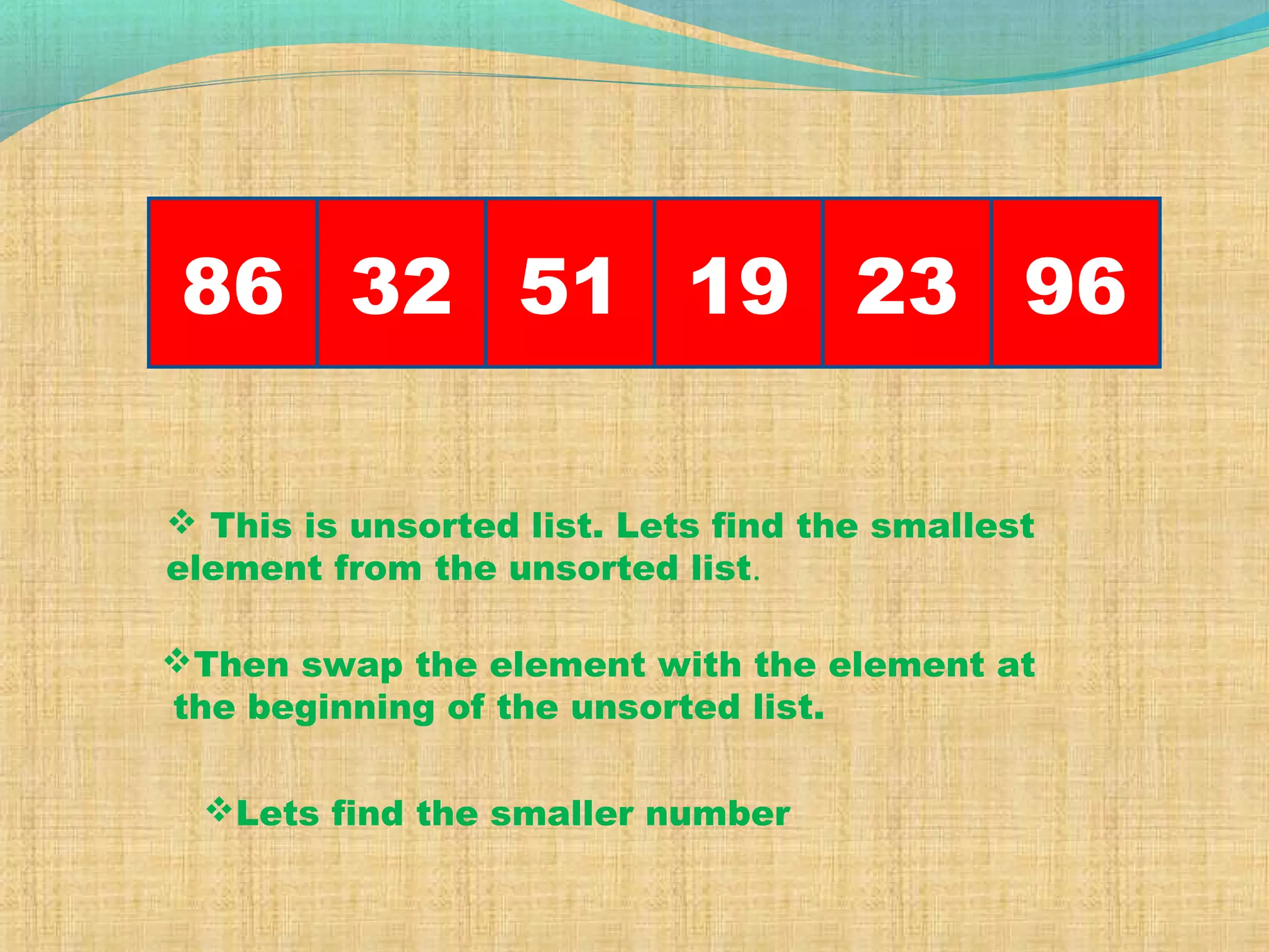 86 32 961951 23
 This is unsorted list. Lets find the smallest
element from the unsorted list.
Then swap the element with the element at
the beginning of the unsorted list.
Lets find the smaller number
 