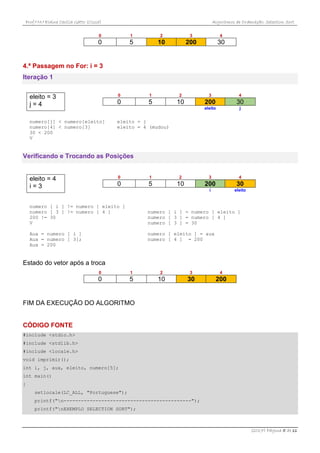 Prof.ª M.ª Elaine Cecília Gatto (Cissa) Algoritmos de Ordenação: Selection Sort
(2017) Página 5 de 11
0 1 2 3 4
0 5 10 200 30
4.ª Passagem no For: i = 3
Iteração 1
eleito = 3
j = 4
0 1 2 3 4
0 5 10 200 30
eleito j
numero[j] < numero[eleito]
numero[4] < numero[3]
30 < 200
V
eleito = j
eleito = 4 (mudou)
Verificando e Trocando as Posições
eleito = 4
i = 3
0 1 2 3 4
0 5 10 200 30
i eleito
numero [ i ] != numero [ eleito ]
numero [ 3 ] != numero [ 4 ]
200 != 30
V
Aux = numero [ i ]
Aux = numero [ 3];
Aux = 200
numero [ i ] = numero [ eleito ]
numero [ 3 ] = numero [ 4 ]
numero [ 3 ] = 30
numero [ eleito ] = aux
numero [ 4 ] = 200
Estado do vetor após a troca
0 1 2 3 4
0 5 10 30 200
FIM DA EXECUÇÃO DO ALGORITMO
CÓDIGO FONTE
#include <stdio.h>
#include <stdlib.h>
#include <locale.h>
void imprimir();
int i, j, aux, eleito, numero[5];
int main()
{
setlocale(LC_ALL, "Portuguese");
printf("n--------------------------------------------");
printf("nEXEMPLO SELECTION SORT");
 