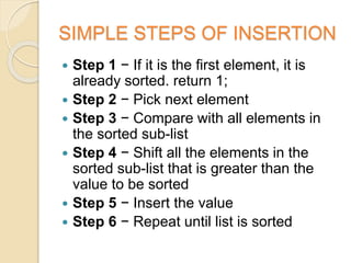 SIMPLE STEPS OF INSERTION
 Step 1 − If it is the first element, it is
already sorted. return 1;
 Step 2 − Pick next element
 Step 3 − Compare with all elements in
the sorted sub-list
 Step 4 − Shift all the elements in the
sorted sub-list that is greater than the
value to be sorted
 Step 5 − Insert the value
 Step 6 − Repeat until list is sorted
 