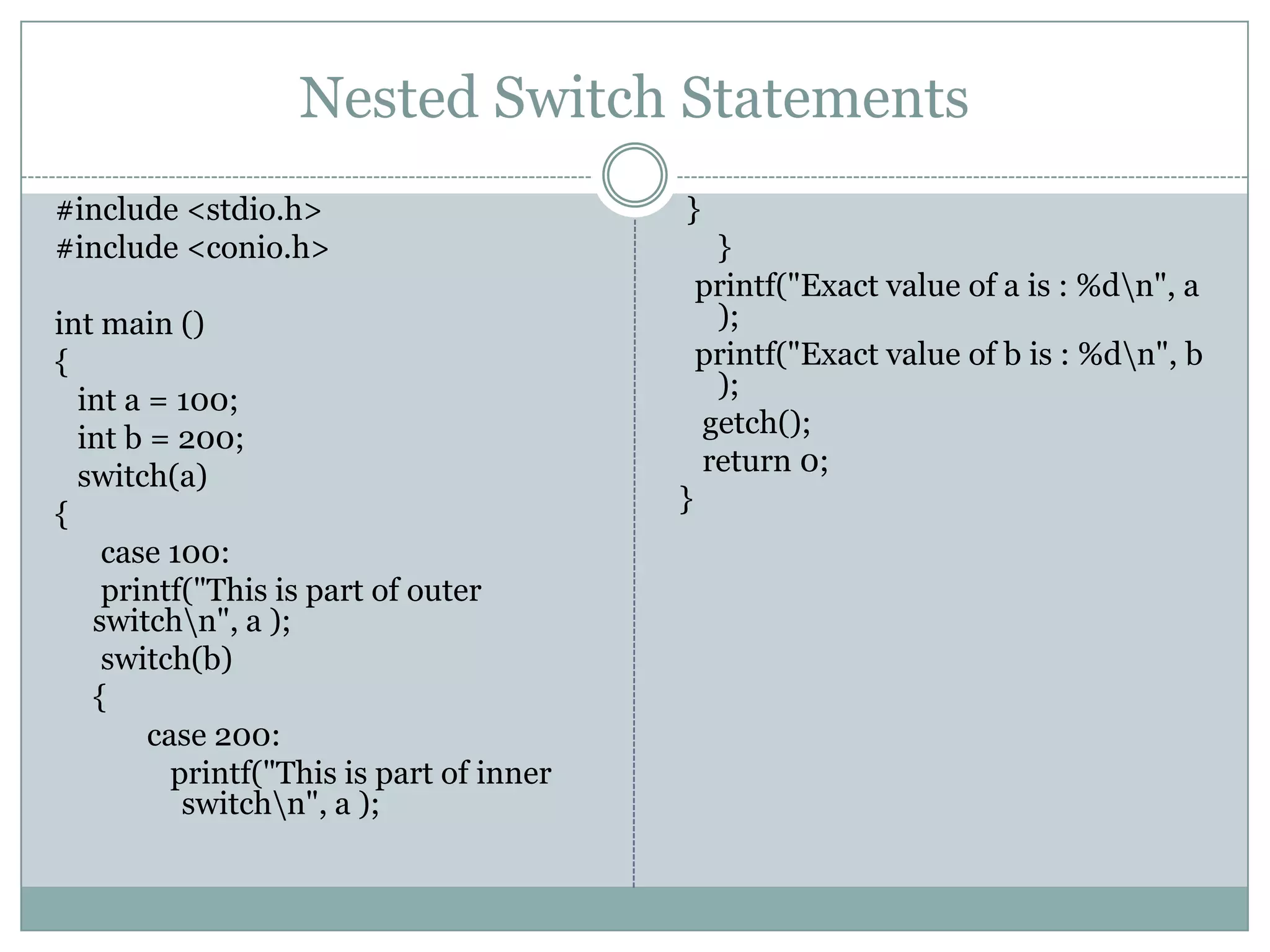 Nested Switch Statements #include <stdio.h> #include <conio.h> int main () { int a = 100; int b = 200; switch(a) { case 100: printf("This is part of outer switchn", a ); switch(b) { case 200: printf("This is part of inner switchn", a ); } } printf("Exact value of a is : %dn", a ); printf("Exact value of b is : %dn", b ); getch(); return 0; } 