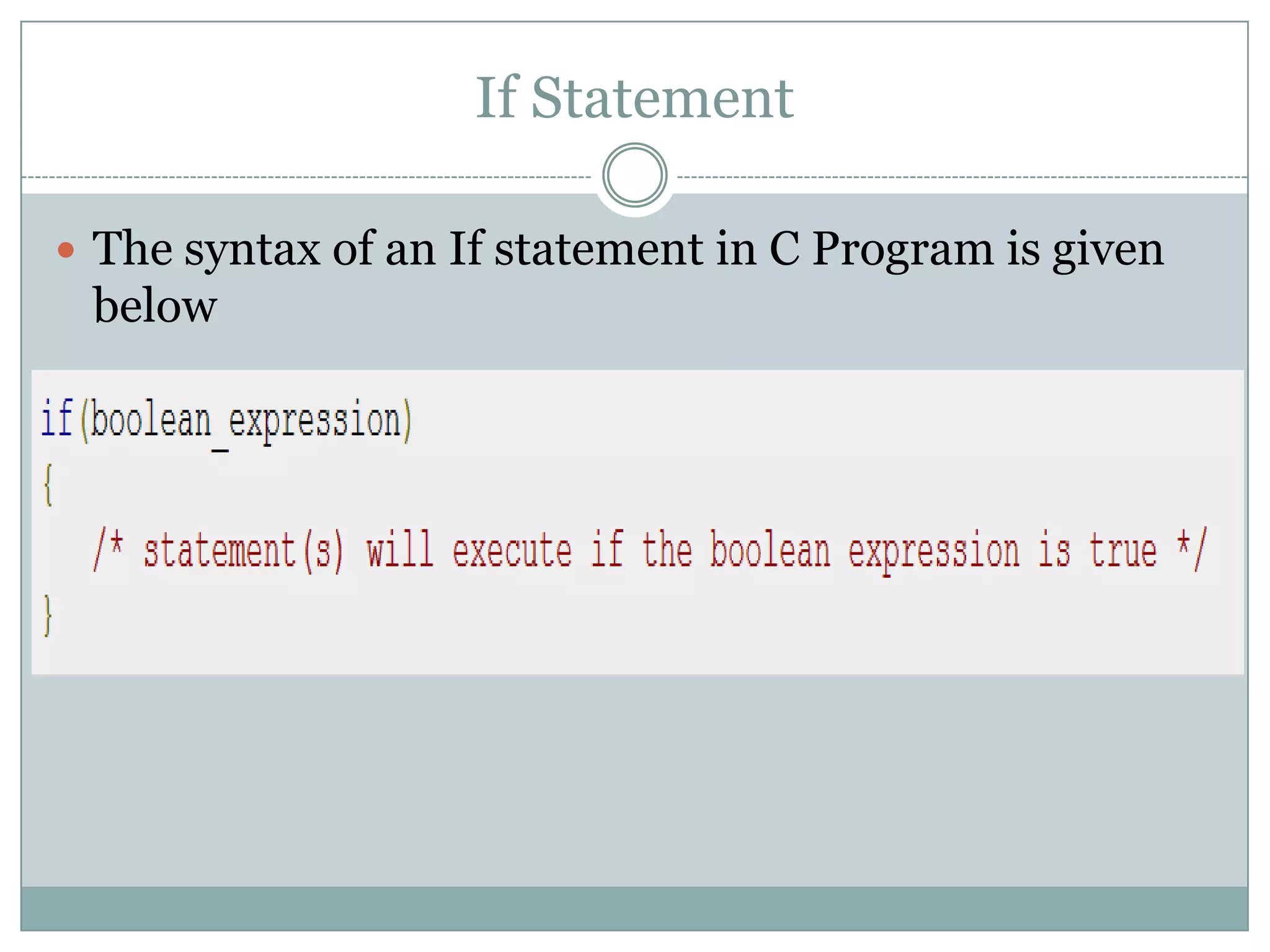 If Statement  The syntax of an If statement in C Program is given below 