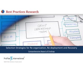 Best Practices Research




     Selection Strategies for Re‐organization, Re‐deployment and Recovery
     Selection Strategies for Re‐organization Re‐deployment and Recovery
                                                     Comprehensive Report of Findings

                                                                                        Assessment Edge
                                                                                        www.assessmentedge.com
                                                                                        937.550.9580
©2009 Profiles International. All rights reserved.
 