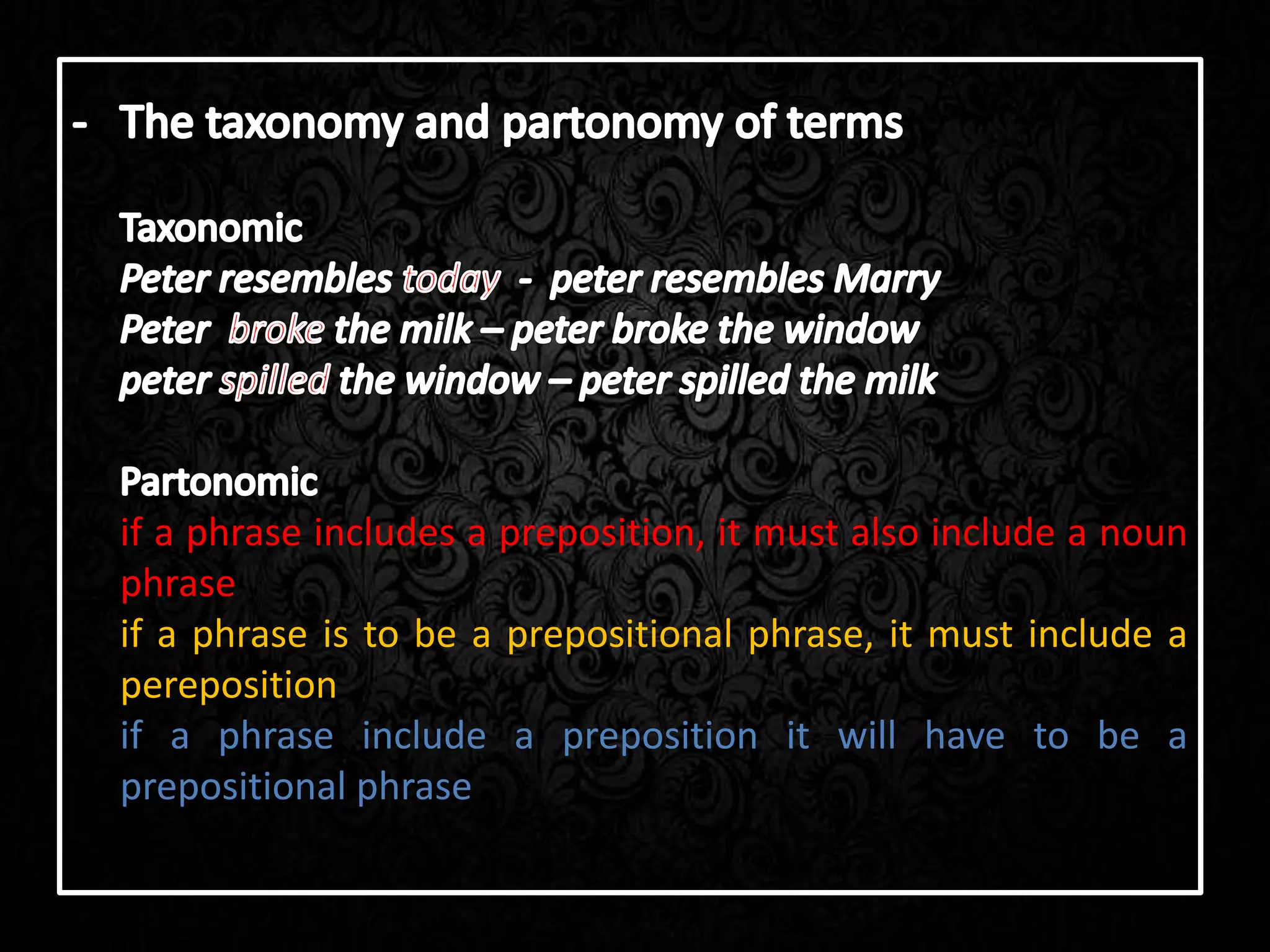 if a phrase includes a preposition, it must also include a noun
phrase
if a phrase is to be a prepositional phrase, it must include a
pereposition
if a phrase include a preposition it will have to be a
prepositional phrase
 