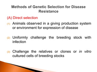 (A) Direct selection
(1) Animals observed in a giving production system
or environment for expression of disease
(2) Uniformly challenge the breeding stock with
infection
(3) Challenge the relatives or clones or in vitro
cultured cells of breeding stocks
 