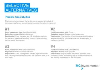 SELECTIVE
ALTERNATIVES
Pipeline Case Studies
The most common reason the fund is being rejected is a lack of
transparency whereas sometimes serious misinformation is captured.
#1
Fund investment field: Real Estate (RE)
Rejection reason: Conflict of interest
Explanation: Fund manager and RE developer are from the same
corporation where fund investors‘ interest might be improperly
represented.
#2
Fund investment field: Forex
Rejection reason: Inappropriate background
Explanation: The director of fund management company was
sentenced for criminal activity and is associated to mafia connections.
#3
Fund investment field: Life Settlements
Rejection reason: Incorrect Valuation
Explanation: Fund Management had the right to evaluate fund value
by themselves or correct the valuation done by a third party.
#4
Fund investment field: Global Macro
Rejection reason: Side pockets
Explanation: Illiquid assets are held in separate “side pocket
accounts” and belong only to those investors that are already invested
not to the new ones.
 