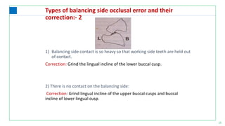 15
Types of balancing side occlusal error and their
correction:- 2
1) Balancing side contact is so heavy so that working side teeth are held out
of contact.
Correction: Grind the lingual incline of the lower buccal cusp.
2) There is no contact on the balancing side:
Correction: Grind lingual incline of the upper buccal cusps and buccal
incline of lower lingual cusp.
 