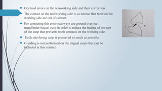  Occlusal errors on the nonworking side and their correction
 The contact on the nonworking side is so intense that teeth on the
working side are out of contact.
 For correcting this error pathways are ground over the
mandibular buccal cusp in order to reduce the incline of the part
of the cusp that prevents tooth contacts on the working side.
 Each interfering cusp is preserved as much as possible.
 Grinding is not performed on the lingual cusps that can be
included in this contact.
 