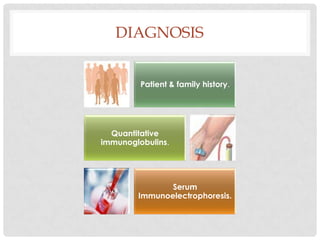 DIAGNOSIS


         Patient & family history.




  Quantitative
immunoglobulins.




               Serum
        Immunoelectrophoresis.
 
