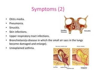 Symptoms (2)
•
•
•
•
•
•

Otitis media.
Pneumonia.
Sinusitis.
Skin infections.
Upper respiratory tract infections.
Bronchietasis(a disease in which the small air sacs in the lungs
become damaged and enlarge).
• Unexplained asthma.

 