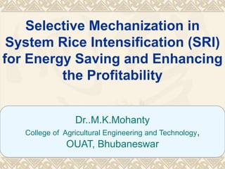 Selective Mechanization in
System Rice Intensification (SRI)
for Energy Saving and Enhancing
the Profitability
Dr..M.K.Mohanty
College of Agricultural Engineering and Technology,
OUAT, Bhubaneswar
 