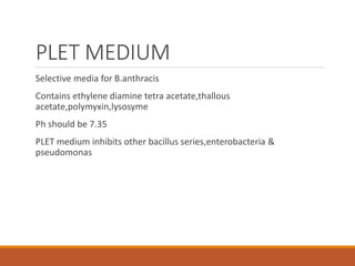 PLET MEDIUM
Selective media for B.anthracis
Contains ethylene diamine tetra acetate,thallous
acetate,polymyxin,lysosyme
Ph should be 7.35
PLET medium inhibits other bacillus series,enterobacteria &
pseudomonas
 