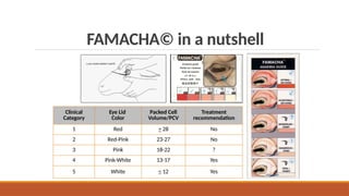 FAMACHA© in a nutshell
Clinical
Category
Eye Lid
Color
Packed Cell
Volume/PCV
Treatment
recommendation
1 Red > 28 No
2 Red-Pink 23-27 No
3 Pink 18-22 ?
4 Pink-White 13-17 Yes
5 White < 12 Yes
 