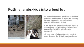 Putting lambs/kids into a feed lot
No problem deworming lambs/kids that will be
put into a feed lot (barn or dry lot) for finishing
because they will not be contaminating
pastures with resistant worms.
If the lambs/kids are purchased, especially from
the sale barn, they will probably benefit from
deworming (and other animal health
measures).
Give the most effective dewormers from 2 or
more classes to the clinically-parasitized ones.
 