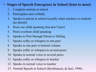 • Stages of Speech Emergence in School (least to most)
1. Complete mutism at school
2. Participates non-verbally
3. Speaks to parent at school (usually when teachers or students
are absent)
4. Peers see child speaking (but don’t hear)
5. Peers overhear child speaking
6. Speaks to Peer through Parent or Sibling
7. Speaks softly or whispers to one peer
8. Speaks to one peer w/normal volume
9. Speaks softly or whispers to several peers
10. Speaks in normal voice to several peers
11. Speaks softly or whispers to teacher
12. Speaks in normal voice to teacher
13. Normal Speech in School (Steinhausen, & Juzi, 1996).
 