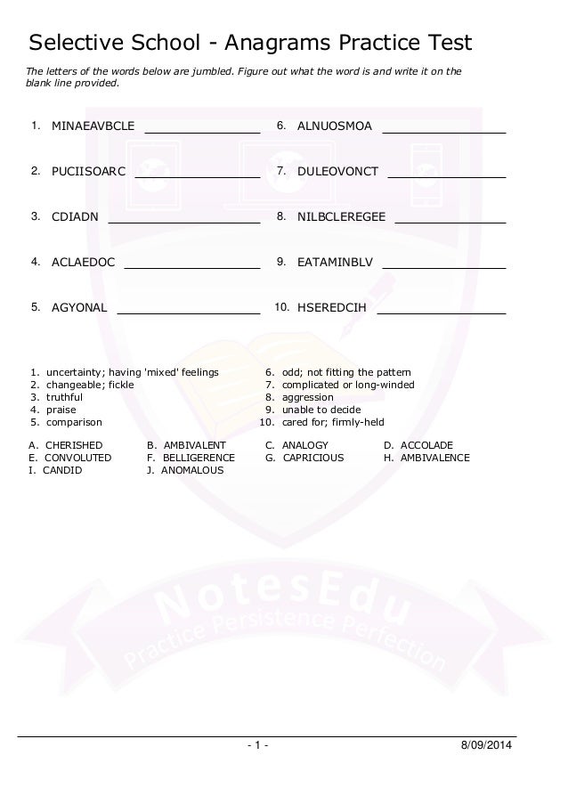 Selective school anagrams practice test