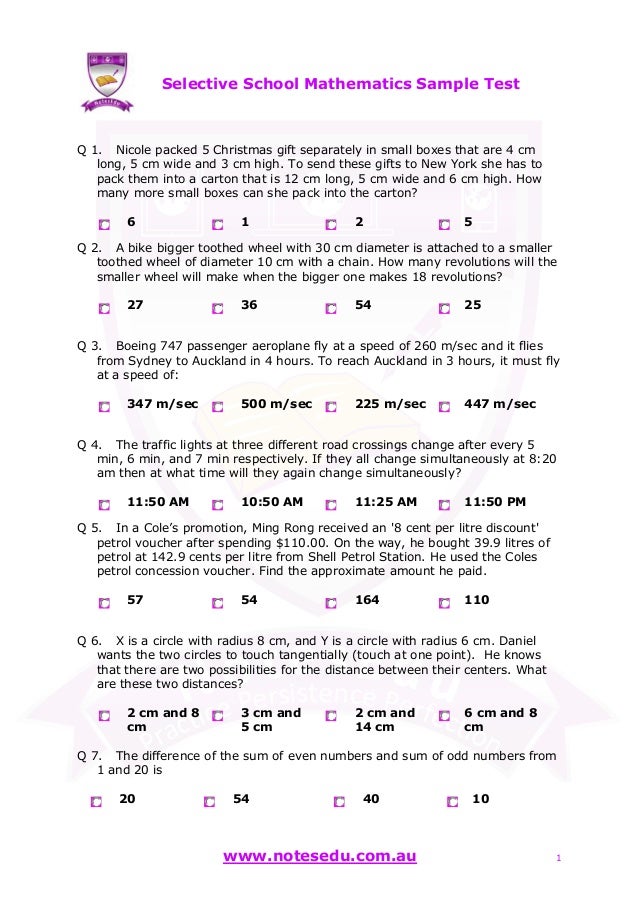 Selective school mathematics sample test Selective school mathematics sample test
