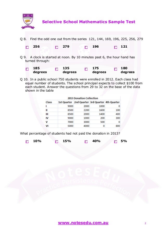Selective school mathematics sample test