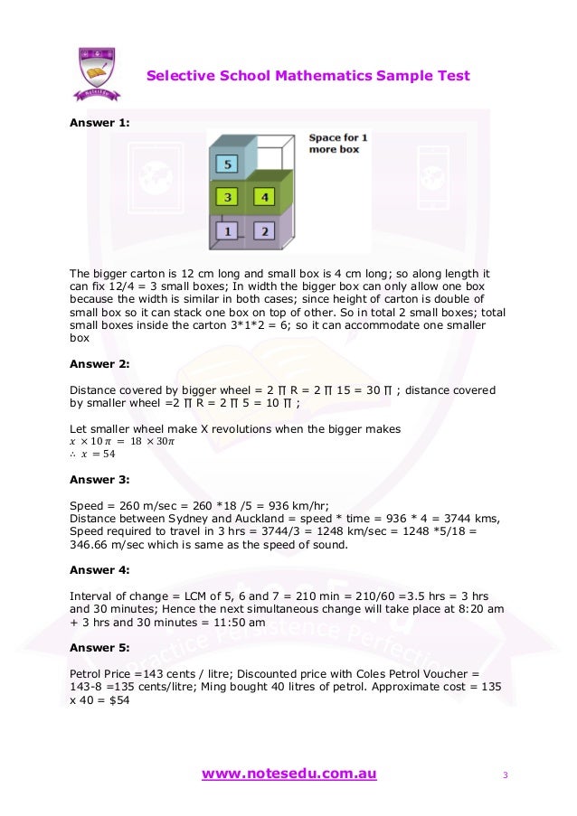 Selective school mathematics sample test