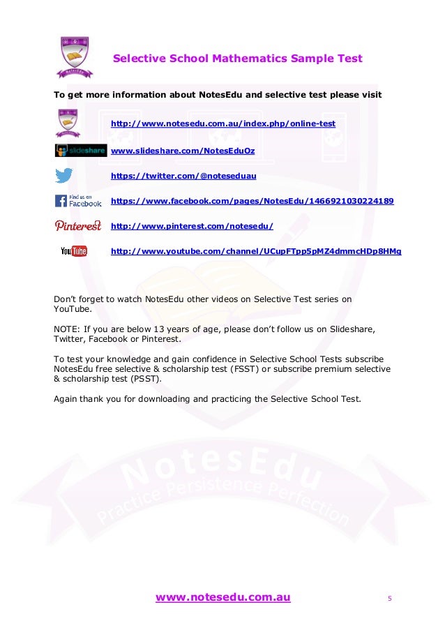 Selective school mathematics sample test