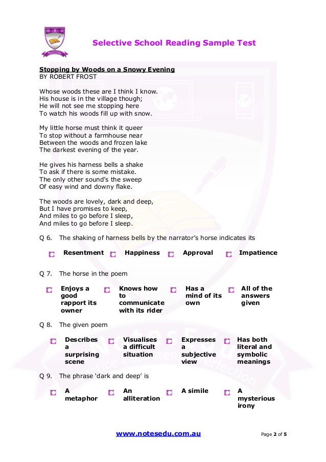 Selective school reading sample test NotesEduOz