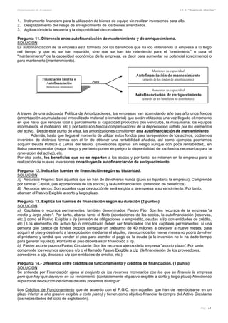 Departamento de Economía I.E.S. “Ramiro de Maeztua”
Pág.: 11
1. Instrumento financiero para la utilización de bienes de equipo sin realizar inversiones para ello.
2. Desplazamiento del riesgo de envejecimiento de los bienes arrendados.
3. Agilización de la tesorería y la disponibilidad de circulante.
Pregunta 11. Diferencia entre autofinanciación de mantenimiento y de enriquecimiento.
SOLUCIÓN
La autofinanciación de la empresa está formada por los beneficios que ha ido obteniendo la empresa a lo largo
del tiempo y que no se han repartido, sino que se han ido reteniendo para el "crecimiento" o para el
"mantenimiento" de la capacidad económica de la empresa, es decir para aumentar su potencial (crecimiento) o
para mantenerlo (mantenimiento).
A través de una adecuada Política de Amortizaciones, las empresas van acumulando año tras año unos fondos
(amortización acumulada del inmovilizado material o inmaterial) que serán utilizados una vez llegado el momento
en que haya que renovar total o parcialmente la capacidad productiva (los vehículos, la maquinaria, los equipos
informáticos, el mobiliario, etc.), por tanto son fondos compensadores de la depreciación sufrida por los elementos
del activo. Desde este punto de vista, las amortizaciones constituyen una autofinanciación de mantenimiento.
Además, hasta que llegue el momento de utilizar estos fondos para la reposición de los activos, podremos
invertirlos de distintas formas con el fin de obtener una rentabilidad añadida, así como ejemplos podríamos
adquirir Deuda Pública o Letras del tesoro (inversiones apenas sin riesgo aunque con poca rentabilidad), en
Bolsa para especular (mayor riesgo y por tanto ponen en peligro la disponibilidad de los fondos necesarios para la
renovación del activo), etc.
Por otra parte, los beneficios que no se reparten a los socios y por tanto se retienen en la empresa para la
realización de nuevas inversiones constituyen la autofinanciación de enriquecimiento.
Pregunta 12. Indica las fuentes de financiación según su titularidad.
SOLUCIÓN
A) Recursos Propios: Son aquellos que no han de devolverse nunca (pues se liquidaría la empresa). Comprende
por tanto el Capital, (las aportaciones de los socios) y la Autofinanciación (retención de beneficios).
B) Recursos ajenos: Son aquellos cuya devolución le será exigida a la empresa a su vencimiento. Por tanto,
abarcan el Pasivo Exigible a corto y largo plazo.
Pregunta 13. Explica las fuentes de financiación según su duración (2 puntos)
SOLUCIÓN
a) Capitales o recursos permanentes, también denominados Pasivo Fijo: Son los recursos de la empresa "a
medio y largo plazo". Por tanto, abarca tanto el Neto (aportaciones de los socios, la autofinanciación [reservas,
etc.]) como el Pasivo Exigible a l/p (emisión de obligaciones o empréstito, deudas a l/p con entidades de crédito,
etc.) Los elementos del activo fijo o inmovilizado deben ser financiados con los capitales permanentes: si una
persona que carece de fondos propios consigue un préstamo de 40 millones a devolver a nueve meses, para
adquirir el piso y destinarlo a la explotación mediante el alquiler, transcurridos los nueve meses no podrá devolver
el préstamo y tendrá que vender el piso para atender el pago de la deuda (a la inversión no le ha dado tiempo
para generar liquidez). Por tanto el piso deberá estar financiado a l/p.
b) Pasivo a corto plazo o Pasivo Circulante: Son los recursos ajenos de la empresa "a corto plazo". Por tanto,
comprende los recursos ajenos a c/p o el llamado Pasivo Exigible a c/p (la financiación de los proveedores,
acreedores a c/p, deudas a c/p con entidades de crédito, etc.)
Pregunta 14.- Diferencia entre créditos de funcionamiento y créditos de financiación. (1 punto)
SOLUCIÓN
Se entiende por Financiación ajena al conjunto de los recursos monetarios con los que se financia la empresa
pero que hay que devolver en su vencimiento (contablemente el pasivo exigible a corto y largo plazo).Atendiendo
al plazo de devolución de dichas deudas podemos distinguir:
Los Créditos de Funcionamiento que de acuerdo con el P.G.C. son aquellos que han de reembolsarse en un
plazo inferior al año (pasivo exigible a corto plazo) y tienen como objetivo financiar la compra del Activo Circulante
(las necesidades del ciclo de explotación).
Financiación Interna o
Autofinanciación
(beneficios retenidos)
Para
Mantener su capacidad
Autofinanciación de mantenimiento
(a través de los fondos de amortizaciones)
Aumentar su capacidad
Autofinanciación de enriquecimiento
(a través de los beneficios no distribuidos)
 