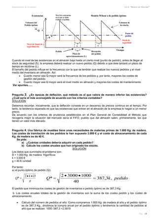 Departamento de Economía I.E.S. “Ramiro de Maeztua”
Pág.: 18
Cuando el nivel de las existencias en el almacén baja hasta un cierto nivel (punto de pedido), antes de llegar al
stock de seguridad (S), la empresa deberá realizar un nuevo pedido (Q) debido a que éste tardará un plazo de
tiempo en recibirse (L).
El tamaño del pedido influye en la frecuencia con la que se tendrán que realizar los nuevos pedidos y el nivel
medio del inventario en almacén. Así:
 Cuanto menor sea Q mayor será la frecuencia de los pedidos y, por tanto, mayores los costes de
gestión del pedido.
 Cuanto mayor sea Q mayor será el nivel medio en almacén y mayores los costes de mantenimiento
Ver apuntes......
Pregunta 3. ¿En épocas de deflación, qué método es el que valora de manera inferior las existencias?
¿Cuál sería el más aconsejable de acuerdo con los criterios contables?
SOLUCIÓN
Debemos recordar, inicialmente, que la deflación consiste en un descenso de precios continuo en el tiempo. Por
tanto, la tendencia esperada es que las existencias que entran en el almacén de la empresa lo hagan a un menor
precio.
De acuerdo con los criterios de prudencia establecidos en el Plan General de Contabilidad el Método que
recogería mejor la situación del mercado sería el FIFO, puesto que del almacén salen, primeramente, las que
tienen un valor más elevado.
Pregunta 4. Una fábrica de muebles tiene unas necesidades de materias primas de 1.000 Kg. de madera.
Los costes de tramitación de los pedidos le han supuesto 3.000 € y el coste de almacenamiento de cada
Kg. de madera es de 40 €.
Se pide:
a) ¿Cuántas unidades debería adquirir en cada pedido?
b) Calcule los costes anuales que han originado los stocks.
SOLUCIÓN
Los datos que suministra el problema son:
D = 1.000 Kg. de madera frigoríficos
k = 3.000 €
g = 40 € /unidad
Por tanto:
a) el punto óptimo de pedido (Q):
El pedido que minimiza los costes de gestión de inventarios o pedido óptimo es de 387,3 Kg.
b. Los costes anuales totales de la gestión de inventarios son la suma de los costes pedido y los costes de
almacenamiento.
 Cálculo del número de pedidos al año: Como compramos 1.000 Kg. de madera al año y el pedido óptimo
es de 387,3 Kg., dividimos la compra anual por el pedido óptimo y tendremos la cantidad de pedidos al
año que se realizan: 1000 /387,3 =2,5819
Existencias
Tiempo
Stock de
seguridad
Q
R
L L
Nivel de Stock de
seguridad (S)
Punto de
pedido
Pedido Recepción
del pedidoPlazo de
aprovisionamiento (L)
Volumen del
Pedido óptimo
Modelo Wilson o de pedido óptimoNivel de existencias
en el que se debe
realizar el pedido
Volumen de
los stocks
g
Dk
Q


2
* pedidokQ ,3,387
40
100030002
* 


 