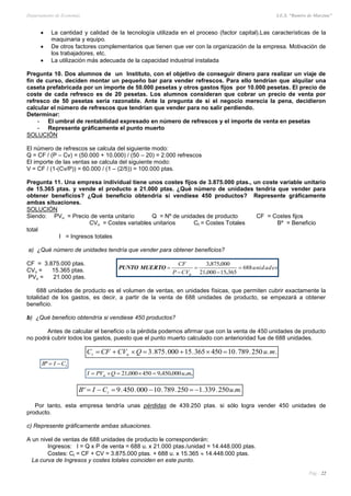 Departamento de Economía I.E.S. “Ramiro de Maeztua”
Pág.: 22
 La cantidad y calidad de la tecnología utilizada en el proceso (factor capital).Las características de la
maquinaria y equipo.
 De otros factores complementarios que tienen que ver con la organización de la empresa. Motivación de
los trabajadores, etc.
 La utilización más adecuada de la capacidad industrial instalada
Pregunta 10. Dos alumnos de un Instituto, con el objetivo de conseguir dinero para realizar un viaje de
fin de curso, deciden montar un pequeño bar para vender refrescos. Para ello tendrían que alquilar una
caseta prefabricada por un importe de 50.000 pesetas y otros gastos fijos por 10.000 pesetas. El precio de
coste de cada refresco es de 20 pesetas. Los alumnos consideran que cobrar un precio de venta por
refresco de 50 pesetas sería razonable. Ante la pregunta de si el negocio merecía la pena, decidieron
calcular el número de refrescos que tendrían que vender para no salir perdiendo.
Determinar:
- El umbral de rentabilidad expresado en número de refrescos y el importe de venta en pesetas
- Represente gráficamente el punto muerto
SOLUCIÓN
El número de refrescos se calcula del siguiente modo:
Q = CF / (P – Cv) = (50.000 + 10.000) / (50 – 20) = 2.000 refrescos
El importe de las ventas se calcula del siguiente modo:
V = CF / (1-(Cv/P)) = 60.000 / (1 – (2/5)) = 100.000 ptas.
Pregunta 11. Una empresa individual tiene unos costes fijos de 3.875.000 ptas., un coste variable unitario
de 15.365 ptas. y vende el producto a 21.000 ptas. ¿Qué número de unidades tendría que vender para
obtener beneficios? ¿Qué beneficio obtendría si vendiese 450 productos? Represente gráficamente
ambas situaciones.
SOLUCIÓN
Siendo: PVu = Precio de venta unitario Q = Nº de unidades de producto CF = Costes fijos
CVu = Costes variables unitarios Ct = Costes Totales Bº = Beneficio
total
I = Ingresos totales
a) ¿Qué número de unidades tendría que vender para obtener beneficios?
CF = 3.875.000 ptas.
CVu = 15.365 ptas.
PVu = 21.000 ptas.
688 unidades de producto es el volumen de ventas, en unidades físicas, que permiten cubrir exactamente la
totalidad de los gastos, es decir, a partir de la venta de 688 unidades de producto, se empezará a obtener
beneficio.
b) ¿Qué beneficio obtendría si vendiese 450 productos?
Antes de calcular el beneficio o la pérdida podemos afirmar que con la venta de 450 unidades de producto
no podrá cubrir todos los gastos, puesto que el punto muerto calculado con anterioridad fue de 688 unidades.
Por tanto, esta empresa tendría unas pérdidas de 439.250 ptas. si sólo logra vender 450 unidades de
producto.
c) Represente gráficamente ambas situaciones.
A un nivel de ventas de 688 unidades de producto le corresponderán:
Ingresos: I = Q x P de venta = 688 u. x 21.000 ptas./unidad = 14.448.000 ptas.
Costes: Ct = CF + CV = 3.875.000 ptas. + 688 u. x 15.365  14.448.000 ptas.
La curva de Ingresos y costes totales coinciden en este punto.
sedadinu
CVP
CF
u
688
3651500021
0008753





..
..
MUERTOPUNTO
tCIB º
..... muQVPI u 000450945000021 
.m.u.....QCVCFC ut 25078910450365150008753 
.m.u......CIºB t 2503391250789100004509 
 