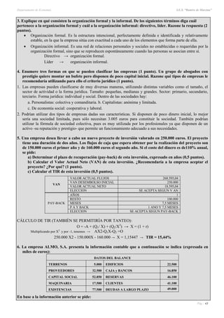 Departamento de Economía I.E.S. “Ramiro de Maeztua”
Pág.: 43
3. Explique en qué consisten la organización formal y la informal. De los siguientes términos diga cuál
pertenece a la organización formal y cuál a la organización informal: directivo, líder. Razone la respuesta (2
puntos).
 Organización formal. Es la estructura intencional, perfectamente definida e identificada y relativamente
estable, en la que la empresa sitúa con exactitud a cada uno de los elementos que forma parte de ella.
 Organización informal. Es una red de relaciones personales y sociales no establecidas o requeridas por la
organización formal, sino que se reproducen espontáneamente cuando las personas se asocian entre sí.
Directivo → organización formal.
Líder → organización informal.
4. Enumere tres formas en que se pueden clasificar las empresas (1 punto). Un grupo de abogados con
prestigio quiere montar un bufete pero disponen de poco capital inicial. Razone qué tipos de empresas le
recomendaría utilizando para ello el criterio jurídico (1 punto).
1. Las empresas pueden clasificarse de muy diversas maneras, utilizando distintas variables como el tamaño, el
sector de actividad o la forma jurídica. Tamaño: pequeñas, medianas y grandes. Sector: primario, secundario,
terciario. Forma jurídica: individual y social. Dentro de las sociedades hay:
a. Personalistas: colectiva y comanditaria. b. Capitalistas: anónima y limitada.
c. De economía social: cooperativa y laboral.
2. Podrían utilizar dos tipos de empresas dadas sus características. Si disponen de poco dinero inicial, lo mejor
sería una sociedad limitada, pues sólo necesitan 3.005 euros para constituir la sociedad. También podrían
utilizar la fórmula de sociedad colectiva, pues es muy utilizada por los profesionales ya que disponen de un
activo -su reputación y prestigio- que permite un funcionamiento adecuado a sus necesidades.
5. Una empresa desea llevar a cabo un nuevo proyecto de inversión valorado en 250.000 euros. El proyecto
tiene una duración de dos años. Los flujos de caja que espera obtener por la realización del proyecto son
de 150.000 euros el primer año y de 160.000 euros el segundo año. Si el coste del dinero es de110% anual,
se pide:
a) Determinar el plazo de recuperación (pay-back) de esta inversión, expresado en años (0,5 puntos).
b) Calcular el Valor Actual Neto (VAN) de esta inversión. ¿Recomendaría a la empresa aceptar el
proyecto? ¿Por qué? (1 punto).
c) Calcular el TIR de esta inversión (0,5 puntos).
VAN
VALOR ACTUAL FLUJOS 268.595,04
VAN DESEMBOLSO INICIAL 250.000
VALOR ACTUAL NETO 18.595,04
ELECCION SE ACEPTA SEGUN V AN
PAY-BACK
AÑOS 1
RESTO 100.000
MESES 7,5 MESES
P A Y BACK 1 ANO Y 7,5 MESES
ELECCION SE ACEPTA SEGUN PAY-BACK
CÁLCULO DE TIR (TAMBIÉN SE PERMITIRÍA POR TANTEO):
O = -A + (Q1/ X) + (Q2/X2
) → X = (1 + r)
Multiplicando por X2
y por -1, tenemos → AX2-Q1X-Q2 =O
250.000 X2 - 150.000X - 160.000 → X = 1,15447 → TIR = 15,44%
6. La empresa ALMO, S.A. presenta la información contable que a continuación se indica (expresada en
miles de euros):
DATOS DEL BALANCE
TERRENOS 5.000 EDIFICIOS 22.500
PROVEEDORES 32.500 CAJA y BANCOS 16.850
CAPITAL SOCIAL 52.850 RESERVAS 46.100
MAQUINARIA 17.500 CLIENTES 41.100
EXISTENCIAS 77.500 DEUDAS A LARGO PLAZO 49.000
En base a la información anterior se pide:
 