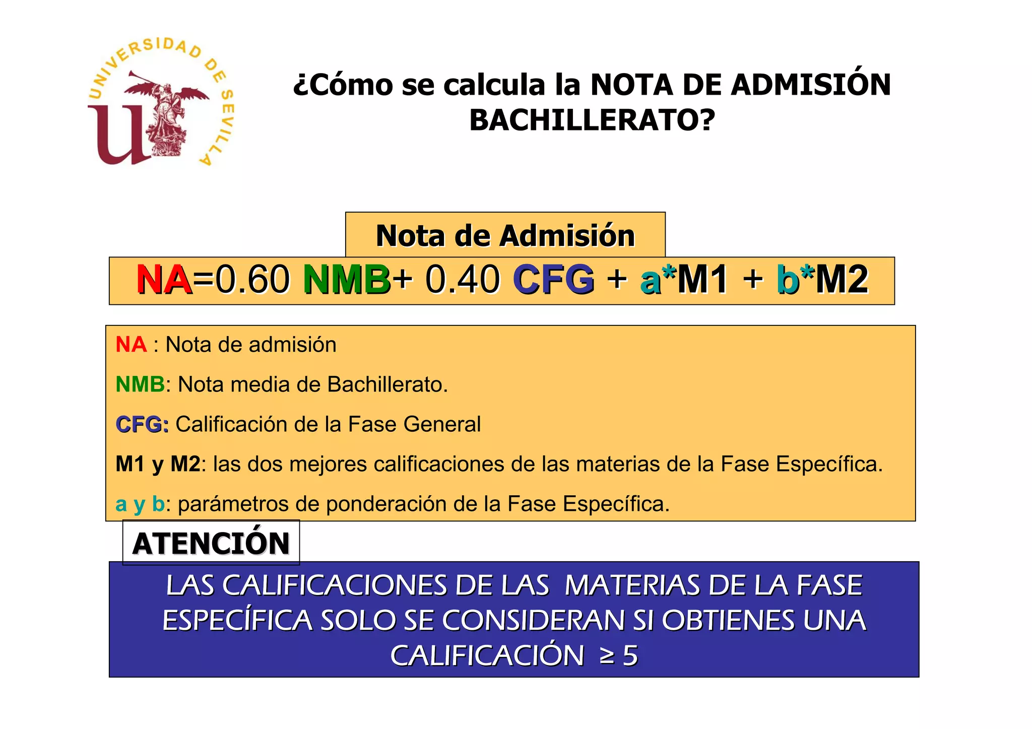 ¿Cómo se calcula la NOTA DE ADMISIÓN
                             BACHILLERATO?


                          Nota de Admisión
  NA=0.60 NMB+ 0.40 CFG + a*M1 + b*M2
NA : Nota de admisión
NMB: Nota media de Bachillerato.
CFG: Calificación de la Fase General
M1 y M2: las dos mejores calificaciones de las materias de la Fase Específica.
a y b: parámetros de ponderación de la Fase Específica.
 ATENCIÓN
   LAS CALIFICACIONES DE LAS MATERIAS DE LA FASE
   ESPECÍFICA SOLO SE CONSIDERAN SI OBTIENES UNA
                  CALIFICACIÓN ≥ 5
 