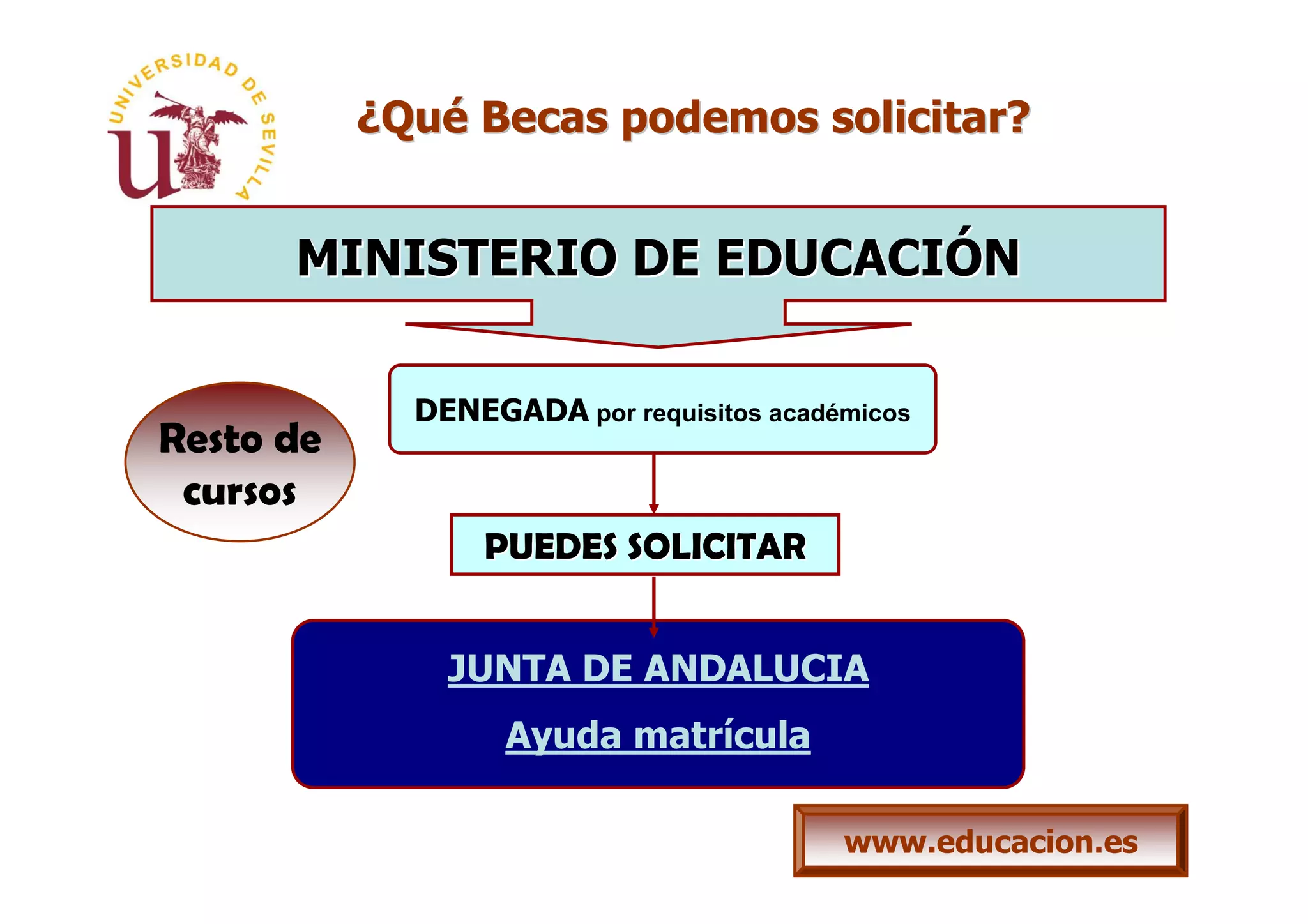 ¿Qué Becas podemos solicitar?


      MINISTERIO DE EDUCACIÓN

             DENEGADA por requisitos académicos
Resto de
 cursos
                 PUEDES SOLICITAR


               JUNTA DE ANDALUCIA
                   Ayuda matrícula

                                          www.educacion.es
 