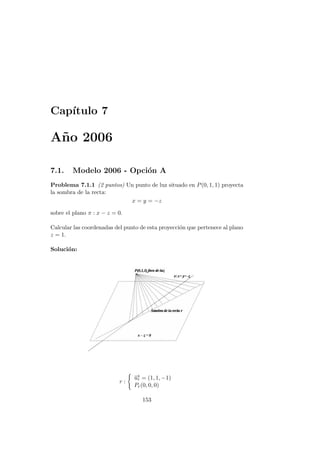 Cap´ıtulo 7
A˜no 2006
7.1. Modelo 2006 - Opci´on A
Problema 7.1.1 (2 puntos) Un punto de luz situado en P(0, 1, 1) proyecta
la sombra de la recta:
x = y = −z
sobre el plano π : x − z = 0.
Calcular las coordenadas del punto de esta proyecci´on que pertenece al plano
z = 1.
Soluci´on:
r :
−→ur = (1, 1, −1)
Pr(0, 0, 0)
153
 