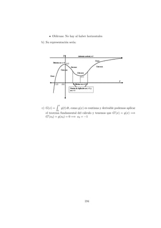 Oblicuas: No hay al haber horizontales
b) Su representaci´on ser´ıa:
c) G(x) =
x
0
g(t) dt, como g(x) es continua y derivable podemos aplicar
el teorema fundamental del c´alculo y tenemos que G (x) = g(x) =⇒
G (x0) = g(x0) = 0 =⇒ x0 = −1
194
 