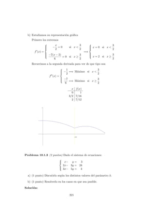 b) Estudiamos su representaci´on gr´aﬁca
Primero los extremos
f (x) =



−
x
2
= 0 si x <
3
2
−7(x − 2)
6
= 0 si x ≥
3
2
=⇒



x = 0 si x <
3
2
x = 2 si x ≥
3
2
Recurrimos a la segunda derivada para ver de que tipo son
f (x) =



−
1
2
=⇒ M´aximo si x <
3
2
−7
6
=⇒ M´aximo si x ≥
3
2
x f(x)
0 1
3/2 7/16
2 7/12
Problema 10.1.3 (2 puntos) Dado el sistema de ecuaciones:



x− y = 3
2x− 3y = 2k
3x− 5y = k
a) (1 punto) Discutirlo seg´un los distintos valores del par´ametro k.
b) (1 punto) Resolverlo en los casos en que sea posible.
Soluci´on:
221
 