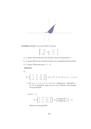 Problema 11.2.2 (3 puntos) Dado el sistema:



x+ z = 2
x+ λy− z = 4
−λx− y− z = −5
a) (1 punto) Discutirlo para los distintos valores del par´ametro λ
b) (1 punto) Resolverlo cuando el sistema sea compatible indeterminado.
c) (1 punto) Resolverlo para λ = −2.
Soluci´on:
a)
A =



1 0 1 2
1 λ −1 4
−λ −1 −1 −5


 |A| = λ2
−λ−2 = 0 =⇒ λ = −1 λ = 2
Si λ = −1 y λ = 2 =⇒ |A| = 0 =⇒Rango(A) =Rango(A) =
3 =no de inc´ognitas, luego en este caso el sistema ser´a compati-
ble determinado.
Si λ = −1
A =



1 0 1 2
1 1 −1 4
1 −1 −1 −5


 =⇒
Rango(A) = 3
Rango(A) = 2
=⇒
Sistema es Incompatible.
252
 