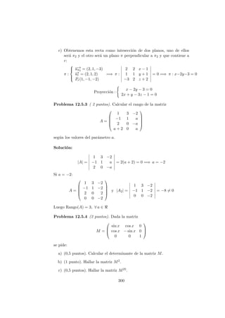 c) Obtenemos esta recta como intesecci´on de dos planos, uno de ellos
ser´a π2 y el otro ser´a un plano π perpendicular a π2 y que contiene a
r:
π :



−→uπ2 = (2, 1, −3)
−→ur = (2, 1, 2)
Pr(1, −1, −2)
=⇒ π :
2 2 x − 1
1 1 y + 1
−3 2 z + 2
= 0 =⇒ π : x−2y−3 = 0
Proyecci´on :
x − 2y − 3 = 0
2x + y − 3z − 1 = 0
Problema 12.5.3 ( 2 puntos). Calcular el rango de la matriz
A =





1 3 −2
−1 1 a
2 0 −a
a + 2 0 a





seg´un los valores del par´ametro a.
Soluci´on:
|A| =
1 3 −2
−1 1 a
2 0 −a
= 2(a + 2) = 0 =⇒ a = −2
Si a = −2:
A =





1 3 −2
−1 1 −2
2 0 2
0 0 −2





y |A2| =
1 3 −2
−1 1 −2
0 0 −2
= −8 = 0
Luego Rango(A) = 3, ∀ a ∈
Problema 12.5.4 (2 puntos). Dada la matriz
M =



sin x cos x 0
cos x − sin x 0
0 0 1



se pide:
a) (0,5 puntos). Calcular el determinante de la matriz M.
b) (1 punto). Hallar la matriz M2.
c) (0,5 puntos). Hallar la matriz M25.
300
 