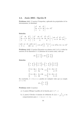 4.4. Junio 2003 - Opci´on B
Problema 4.4.1 (2 puntos) Comprobar, aplicando las propiedades de los
determinantes, la identidad:
a2 ab b2
2a a + b 2b
1 1 1
= (a − b)3
Soluci´on:
a2 ab b2
2a a + b 2b
1 1 1
=
a2 ab − a2 b2 − a2
2a a + b − 2a 2b − 2a
1 0 0
=
ab − a2 b2 − a2
−a + b 2b − 2a
=
a(b − a) (b − a)(b + a)
b − a 2(b − a)
= (b−a)2 a b + a
1 2
= (a−b)2
(a−b) = (a−b)3
Problema 4.4.2 (2 puntos) Encontrar un n´umero real λ = 0, y todas las
matrices B de dimensi´on 2 × 2 (distintas de la matriz nula), tales que
B ·
λ 0
3 1
= B ·
3 0
9 3
Soluci´on:
x y
z h
·
λ 0
3 1
=
x y
z h
·
3 0
9 3
λx + 3y = 3x + 9y
y = 3y
=⇒
(λ − 3)x = 0
y = 0
λz + 3h = 3z + 9h
h = 3h
=⇒
(λ − 3)z = 0
h = 0
En conclusi´on, λ = 3 y x y z pueden ser cualquier valor que no cumpla
x = z = 0.
B =
x 0
z 0
Problema 4.4.3 (3 puntos)
a) (1 punto) Dibujar la gr´aﬁca de la funci´on g(x) = ex − x
b) (1 punto) Calcular el dominio de deﬁnici´on de f(x) =
1
ex − x
y su
comportamiento para x −→ ∞ y x −→ −∞.
94
 