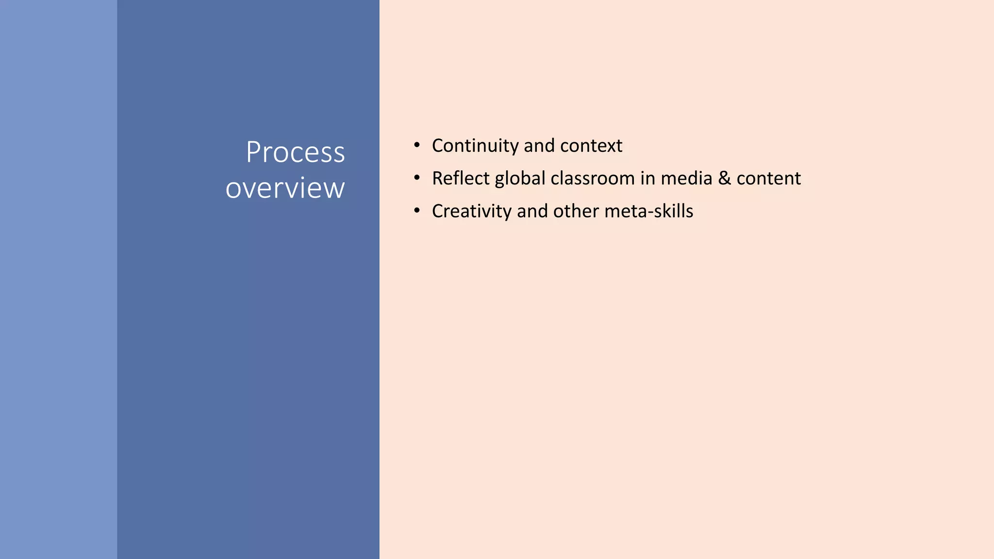 Process
overview
• Continuity and context
• Reflect global classroom in media & content
• Creativity and other meta-skills
 