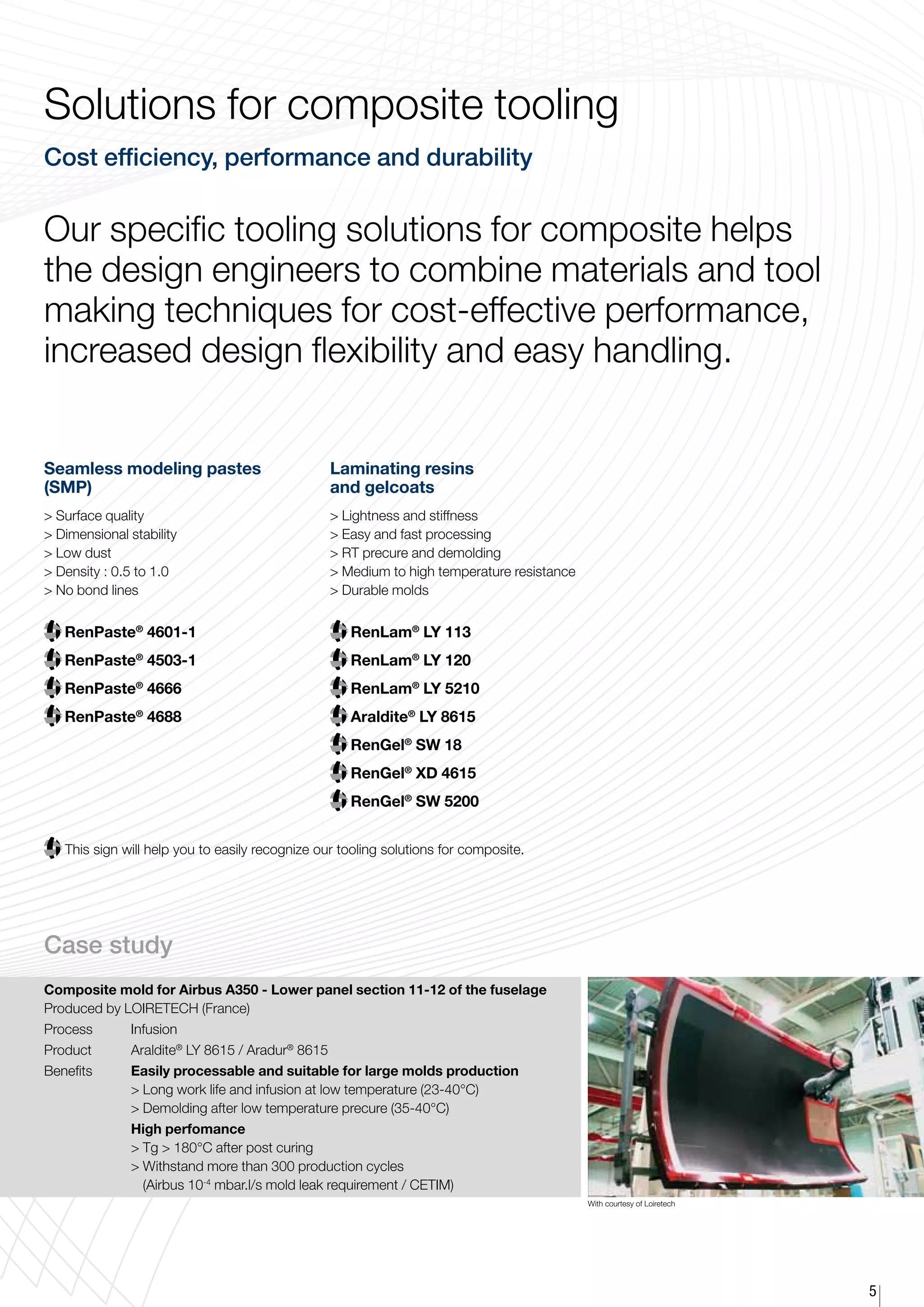 Solutions for composite tooling
Cost efficiency, performance and durability


Our specific tooling solutions for composite helps
the design engineers to combine materials and tool
making techniques for cost-effective performance,
increased design flexibility and easy handling.


Seamless modeling pastes                         Laminating resins
(SMP)                                            and gelcoats
  urface quality
  S                                                ightness and stiffness
                                                   L
  imensional stability
  D                                                asy and fast processing
                                                   E
  ow dust
  L                                                T precure and demolding
                                                   R
  ensity : 0.5 to 1.0
  D                                                edium to high temperature resistance
                                                   M
  o bond lines
  N                                                urable molds
                                                   D


   RenPaste® 4601-1                                  RenLam® LY 113
   RenPaste® 4503-1                                  RenLam® LY 120
   RenPaste® 4666                                    RenLam® LY 5210
   RenPaste® 4688                                    Araldite® LY 8615
                                                     RenGel® SW 18
                                                     RenGel® XD 4615
                                                     RenGel® SW 5200


    his sign will help you to easily recognize our tooling solutions for composite.
   T




Case study
Composite mold for Airbus A350 - Lower panel section 11-12 of the fuselage
Produced by LOIRETECH (France)
Process 	    Infusion      	
Product	Araldite® LY 8615 / Aradur® 8615
Benefits 	   Easily processable and suitable for large molds production
	             Long work life and infusion at low temperature (23-40°C)
	             Demolding after low temperature precure (35-40°C)
	            High perfomance
	             Tg  180°C after post curing
	              ithstand more than 300 production cycles
               W
               (Airbus 10-4 mbar.l/s mold leak requirement / CETIM)
                                                                                            With courtesy of Loiretech




                                                                                                                         5
 