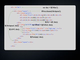 <div id="doc">                                          var doc = $(‘#doc’);
             ....
             <div class="layout">                           liFirst.closest(‘div.layout’);
                    <div class="grid-5">
                         <dl class="first"><dt>1</dt><dd>张           </dd><dd>   </dd></dl>

                         <dl><dt>2</dt><dd>         </dd><dd>     </dd></dl>

                         <dl><dt>3</dt><dd>         </dd><dd>      </dd></dl>

                    </div>                                       $(‘dt + dd’, doc);
                    <div class="grid-20       grid-fixed"> $(‘li.ﬁrst’, doc);
                                               var liFirst =
$(‘div.layout’, doc);    <ul>
                                <li class="first"><img alt="" src="img1.png" /></li>
      $(‘ul>li’, doc);
                                <li><a href="#">link1</a><span>text</span></li>
                                <li></li>
                                <li><div><a href="#">link2</a></div></li>
                         </ul>
                                            $(‘li:empty’, doc);
                    </div>
             </div>
             <div class="layout"></div>
             ....
        </div>
 