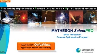 QuickView




                                             MATHESON SelectPRO
                                                     Metal Fabrication
                                               Process Optimization Program


            MATHESON QuickView
            Application Review and Summary
© 2013
MATHESON
 