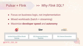 © 2020 Ververica
22
>> Why Flink SQL?
● Focus on business logic, not implementation
● Mixed workloads (batch + streaming)
...
