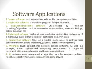 Software Applications
• 1. System software: such as compilers, editors, file management utilities
• 2. Application software: stand-alone programs for specific needs.
• 3. Engineering/scientific software: Characterized by “ number
crunching”algorithms. such as automotive stress analysis, molecular biology,
orbital dynamics etc
• 4. Embedded software resides within a product or system. (key pad control of
a microwave oven, digital function of dashboard display in a car)
• 5. Product-line software focus on a limited marketplace to address mass
consumer market. (word processing, graphics, database management)
• 6. WebApps (Web applications) network centric software. As web 2.0
emerges, more sophisticated computing environments is supported
integrated with remote database and business applications.
• 7. AI software uses non-numerical algorithm to solve complex problem.
Robotics, expert system, pattern recognition game playing
8
 