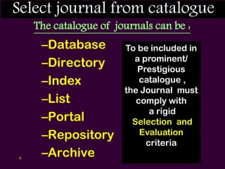 Select journal from catalogue
The catalogue of journals can be :
–Database
–Directory
–Index
–List
–Portal
–Repository
–Archive6
To be included in
a prominent/
Prestigious
catalogue ,
the Journal must
comply with
a rigid
Selection and
Evaluation
criteria
 