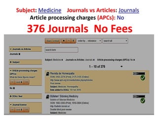 Journals:ArticlesvsJournalsMedicine:Subject
Article processing charges (APCs): No
376 Journals No Fees
 