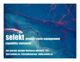 selekt project+cycle management
capability statement

joe zaarour, partner business advisory
joe@selekt.co, @josephzaarour, www.selekt.co
 