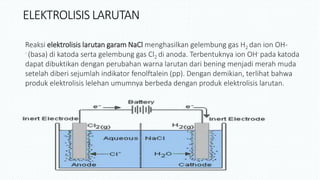 ELEKTROLISIS LARUTAN
Reaksi elektrolisis larutan garam NaCl menghasilkan gelembung gas H2 dan ion OH-
- (basa) di katoda serta gelembung gas Cl2 di anoda. Terbentuknya ion OH- pada katoda
dapat dibuktikan dengan perubahan warna larutan dari bening menjadi merah muda
setelah diberi sejumlah indikator fenolftalein (pp). Dengan demikian, terlihat bahwa
produk elektrolisis lelehan umumnya berbeda dengan produk elektrolisis larutan.
 