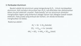 3. Pembuatan Aluminium
Bauksit adalah biji aluminium yang mengandung Al2O3
-. Untuk mendapatkan
aluminium, bijih tersebut dimurnikan dan Al2O3 nya dilarutkan dan didisosiasikan
dalam larutan elektrolit ‚eryolite’. Pada katoda, ion-ion aluminium direduksi
menghasilkan logam yang terbentuk sebagai lapisan tipis dibagian bawah wadah
elektrolit. Pada anoda yang terbuat dari karbon, ion oksida teroksidasi
menghasilkan O2 bebas.
Reaksinya adalah :
Al3
+ + 3e- → Al(l) (katoda)
2O2
- → O2(g) + 4 e- (anoda)
4Al3
+ + 6O2
- → 4Al(l) + 3O2(g) (total)
 