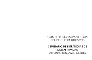 GOMEZ FLORES MARA VENECIA
NO. DE CUENTA 010056598
SEMINARIO DE ESTRATEGIAS DE
COMPETITIVIDAD
ALFONSO BENJAMIN CORTES
 