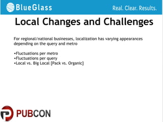 Local Changes and Challenges
For regional/national businesses, localization has varying appearances
depending on the query and metro

•Fluctuations per metro
•Fluctuations per query
•Local vs. Big Local [Pack vs. Organic]
 